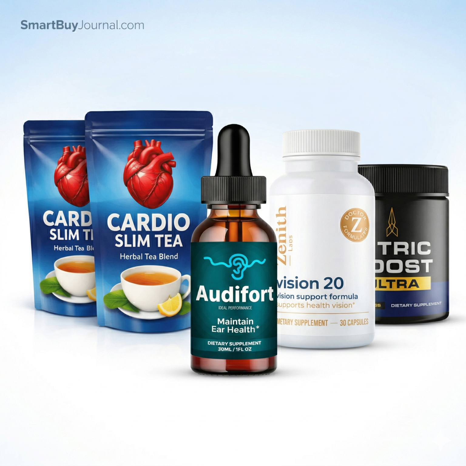 Best health supplements including Cardio Slim Tea, Audifort, Vision 20 and Nitric Boost Ultra featured on SmartBuyJournal.com