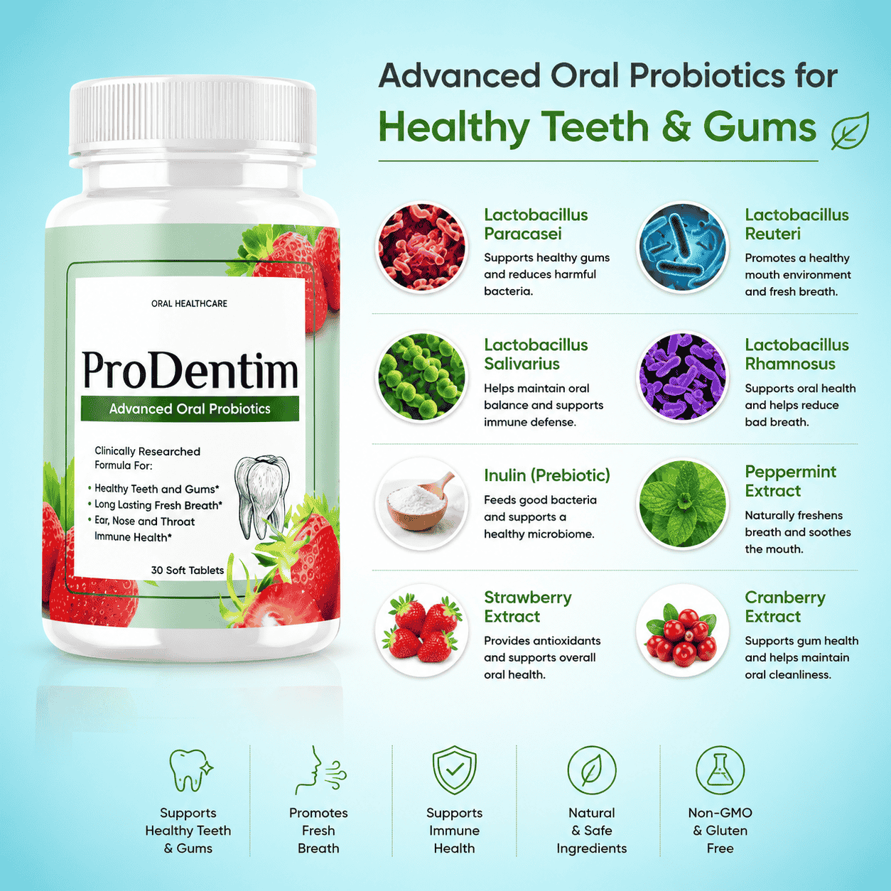 ProDentim review: A close-up of the oral probiotic bottle showing healthy teeth and gum benefits