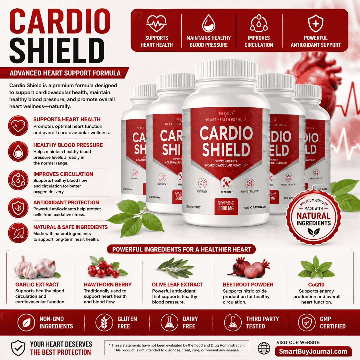 Olive leaves uses for heart health shown alongside Cardio Shield natural cardiovascular supplement