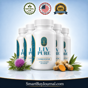 Liv Pure capsules shown with a glass of water for daily dosage