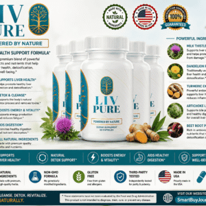Liv Pure capsules shown with a glass of water for daily dosage