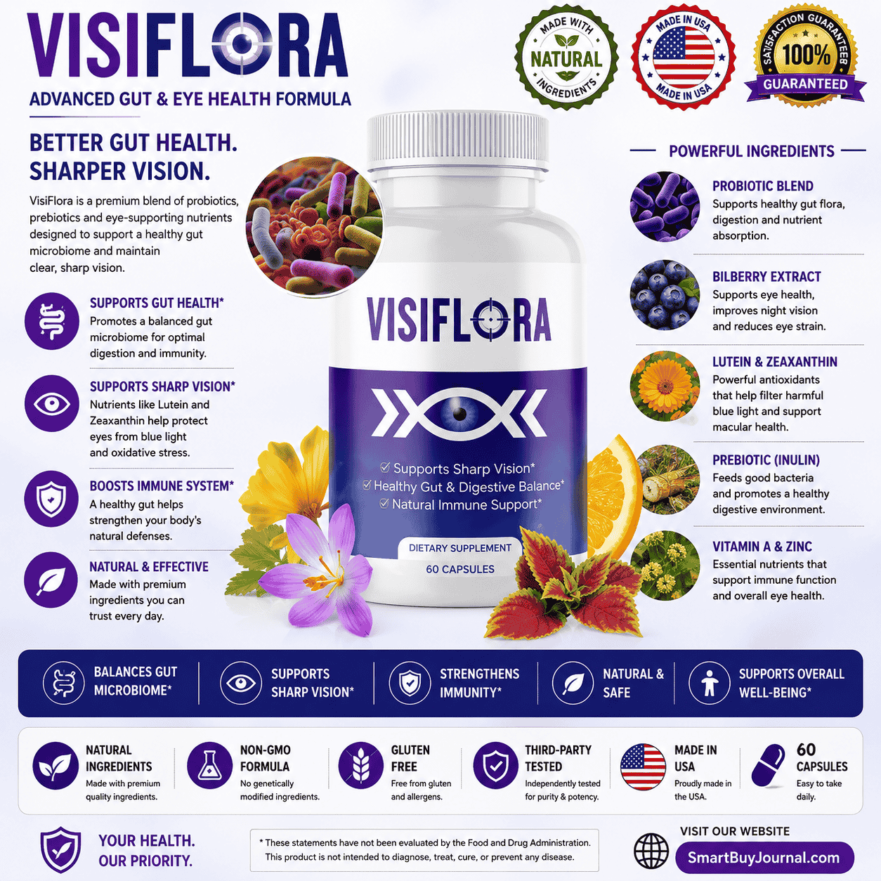 Visiflora eye health supplement bottle with capsules on white background