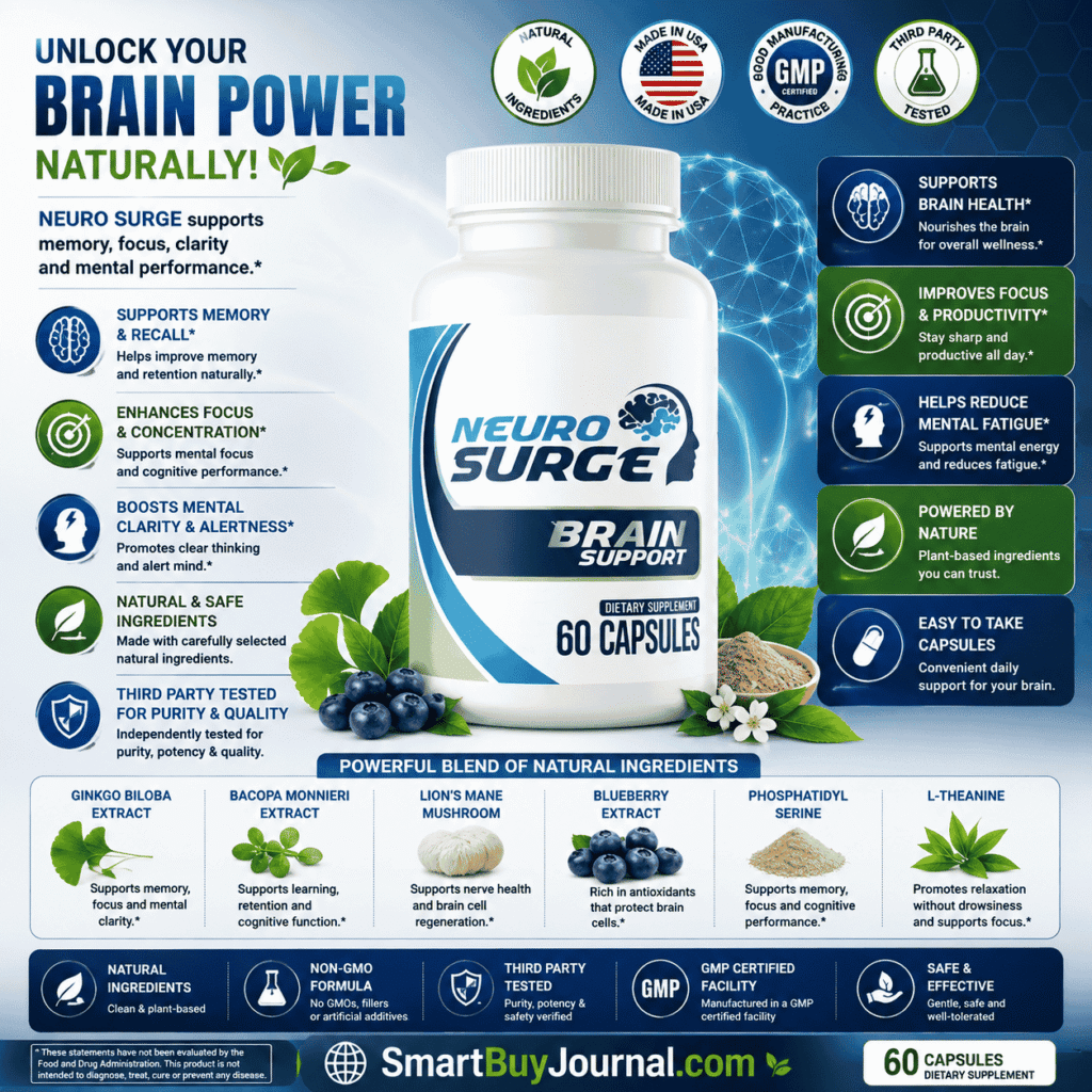Neuro Surge brain health concept with a glowing brain illustration