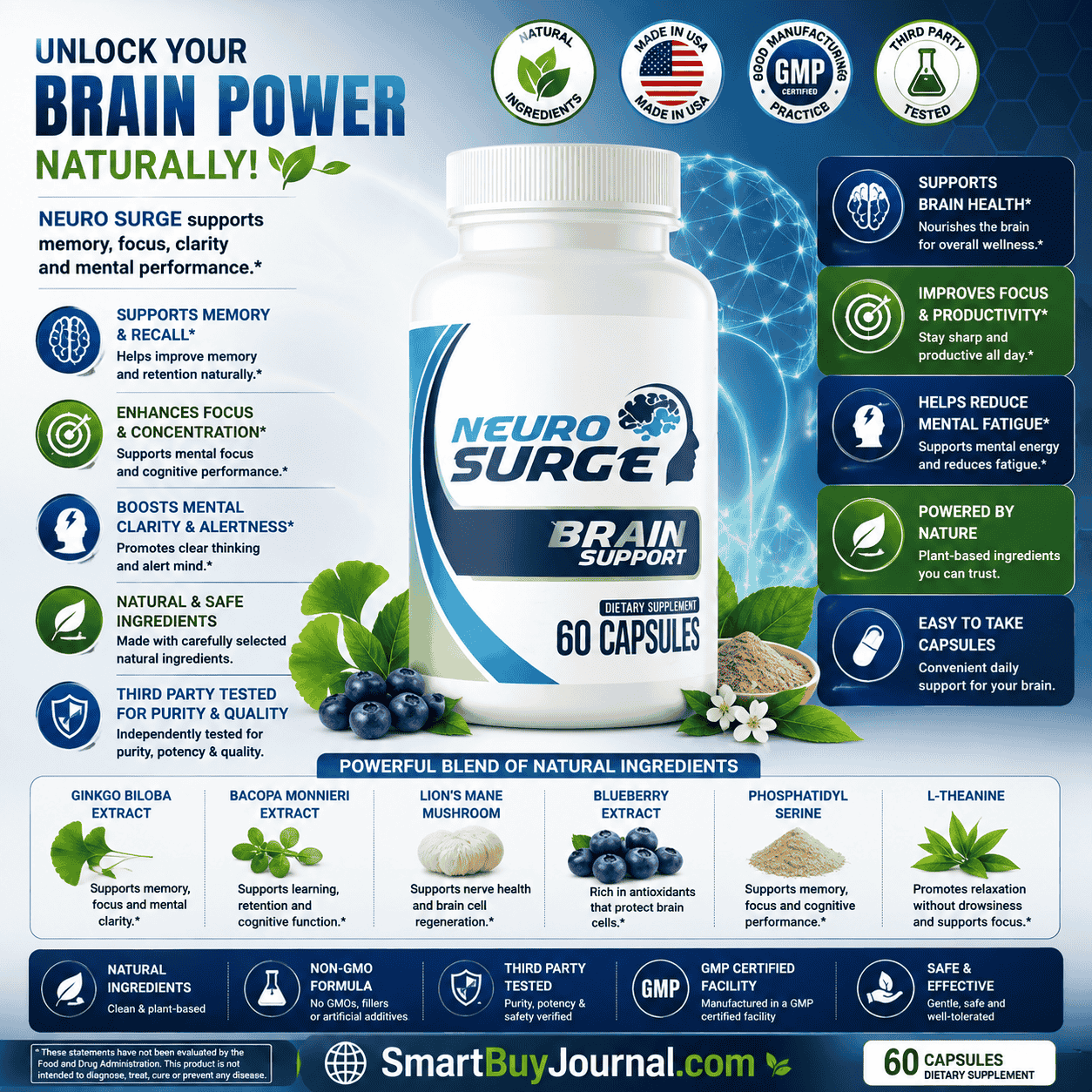 Neuro Surge brain health concept with a glowing brain illustration