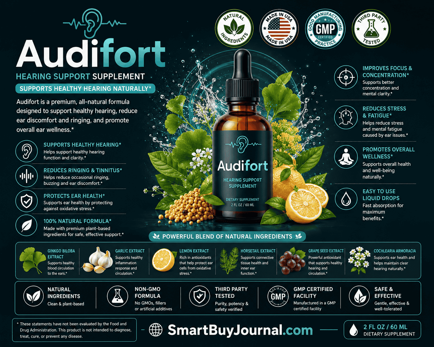 Audifort hearing support supplement bottle with natural ear health ingredients