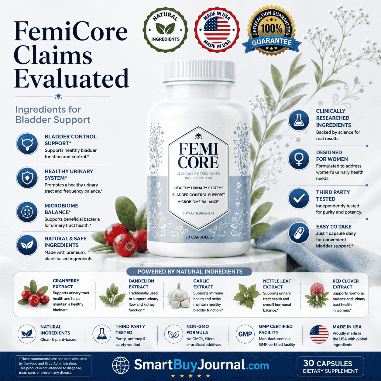 Urinary tract health supplements bottle next to cranberries and water glass