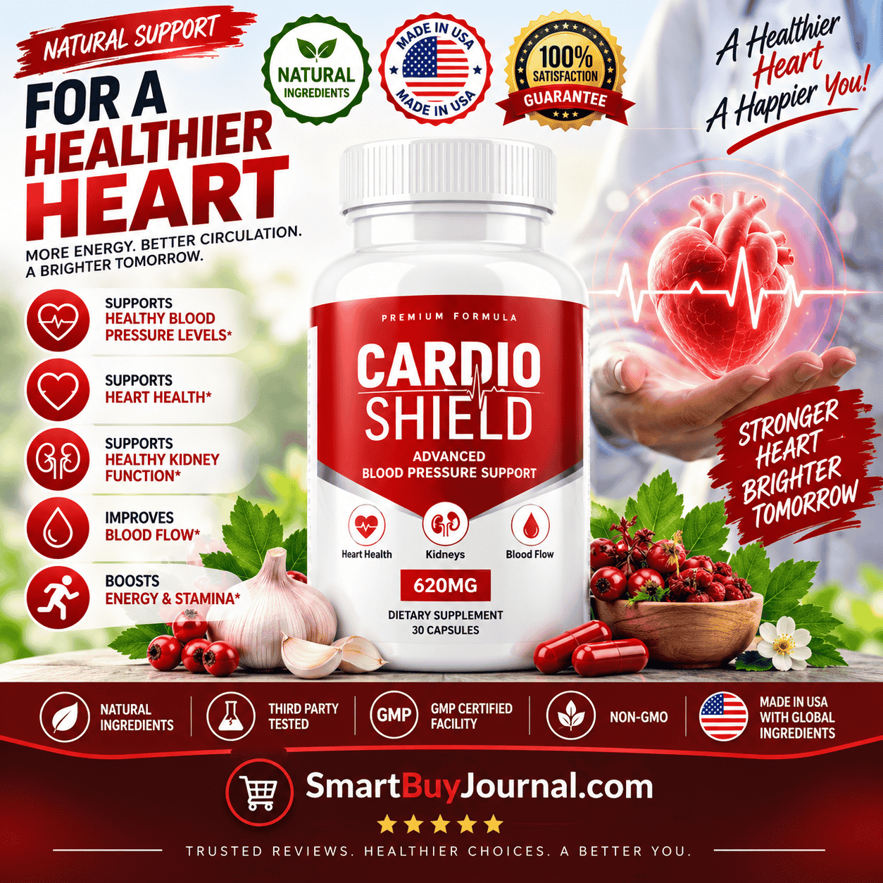 Variety of heart-healthy supplement capsules including CoQ10, magnesium, garlic and hawthorn on a wooden surface with stethoscope and heart diagram Image Title: Evidence-Based Heart Health Supplements Overview