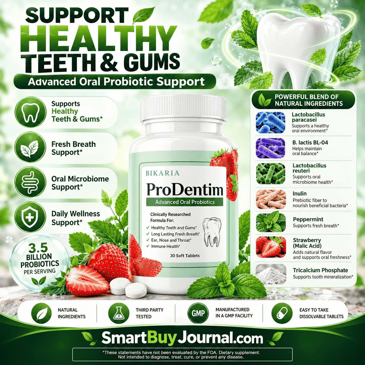Prodentim review descriptive illustration showing the chewable tablet and oral health benefits