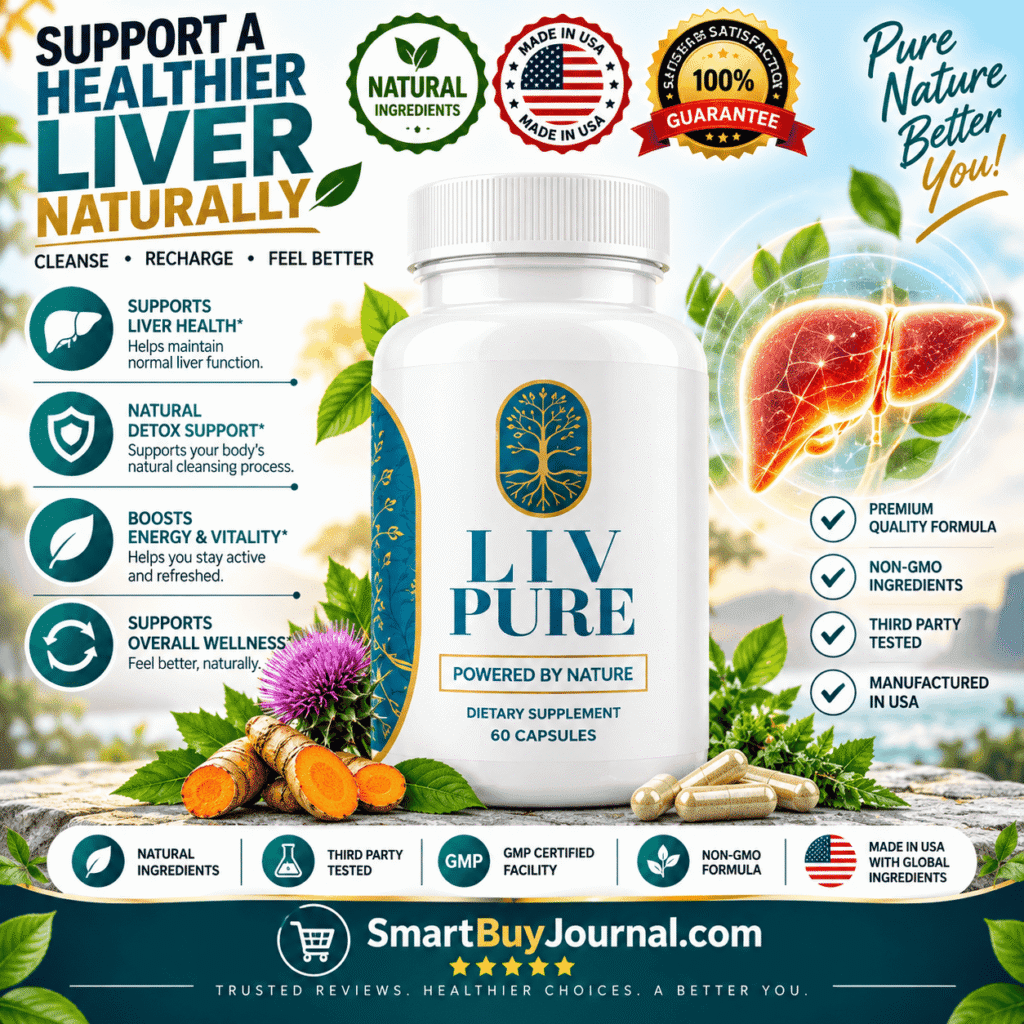 Liv Pure supplement bottle with visible ingredient list highlighting pure health liver health components including silymarin, berberine, and choline