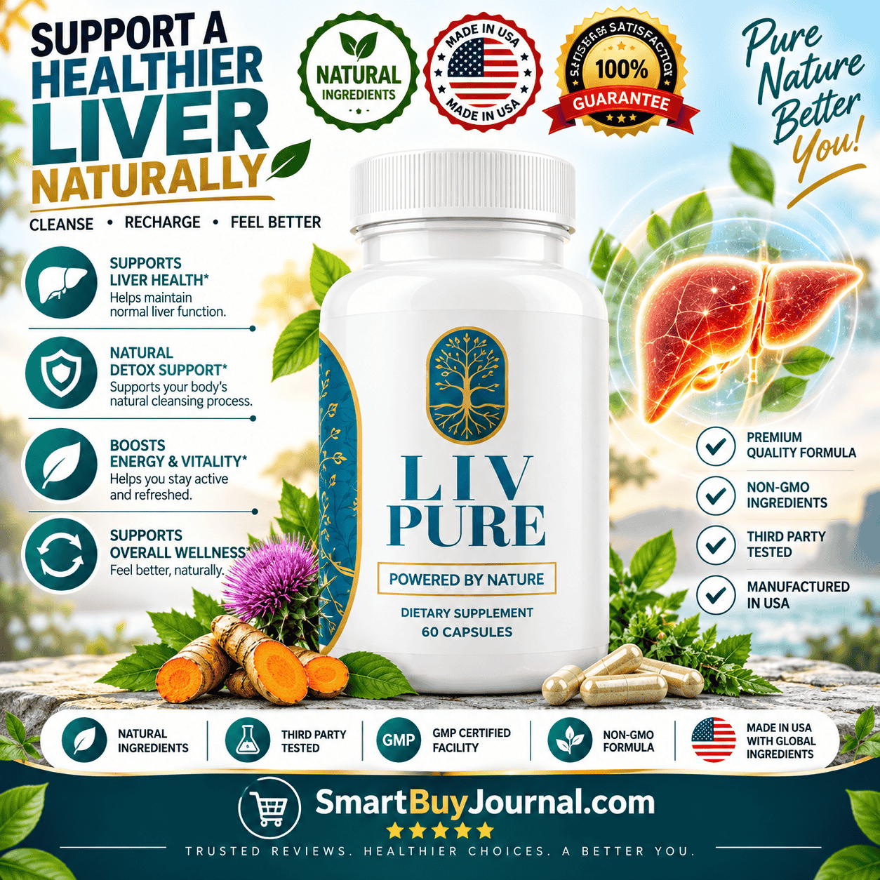 Liv Pure supplement bottle with visible ingredient list highlighting pure health liver health components including silymarin, berberine, and choline