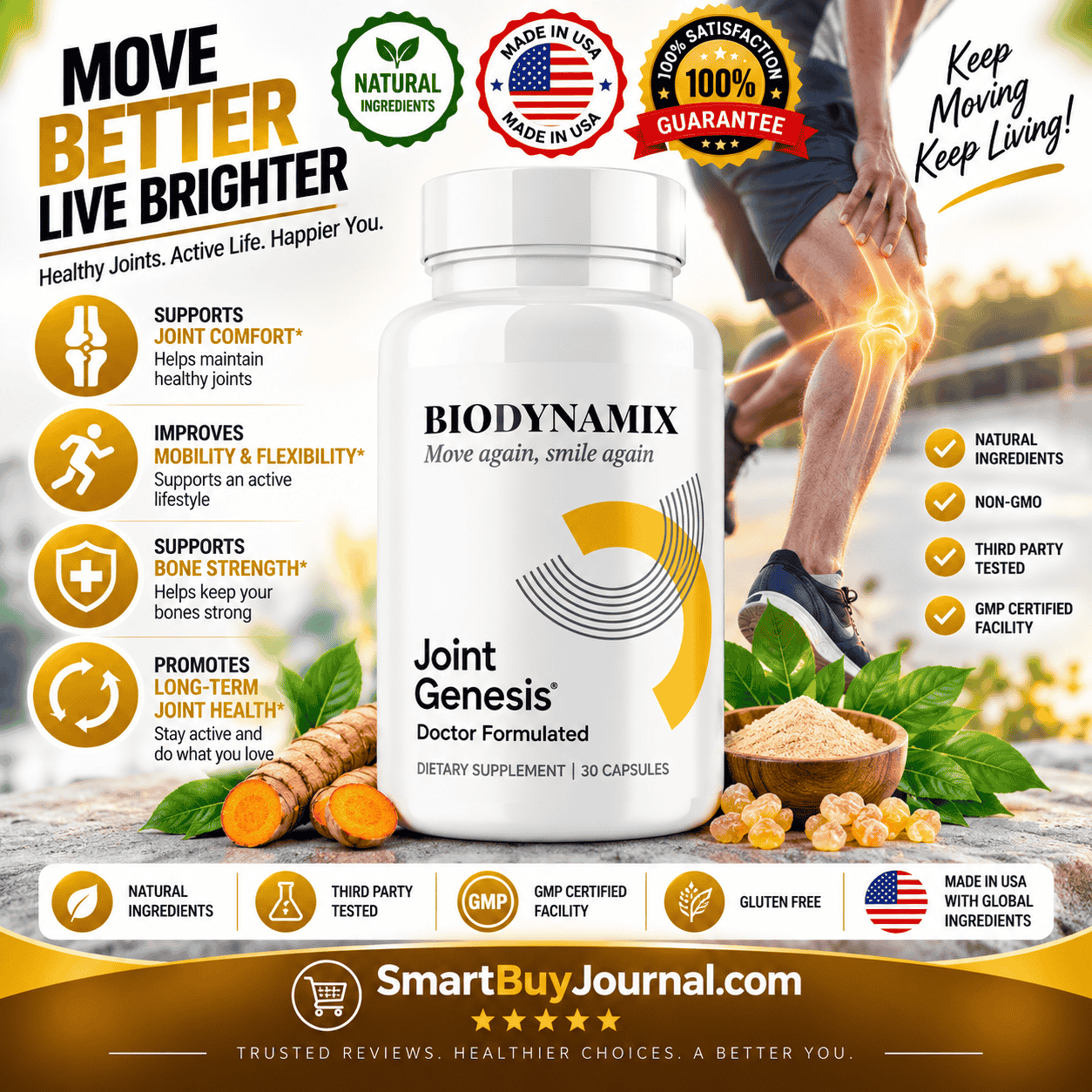 Joint Genesis supplement bottle surrounded by natural joint relief ingredients like ginger and Boswellia