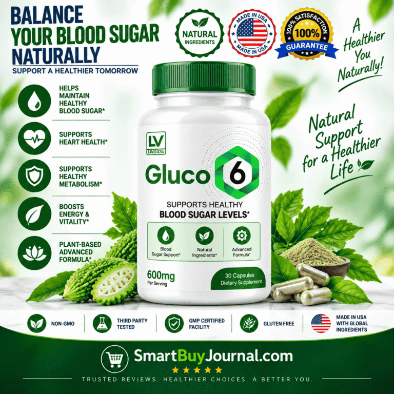 Gluco6 blood sugar control supplement bottle with key ingredients