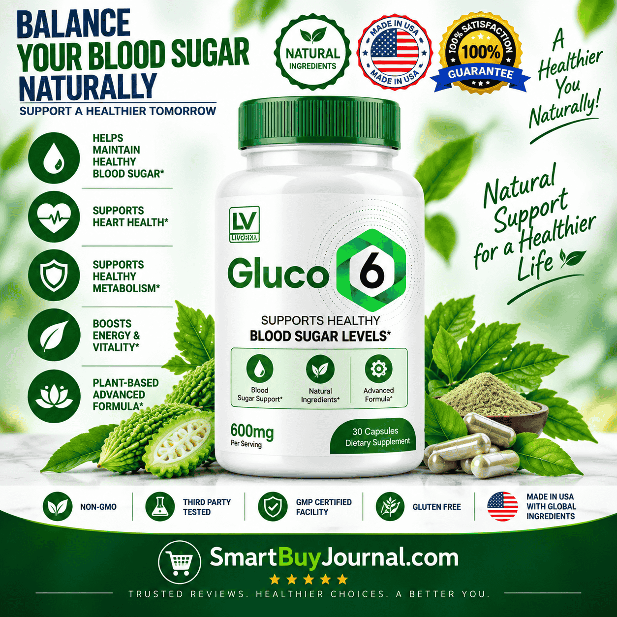 Gluco6 blood sugar control supplement bottle with key ingredients