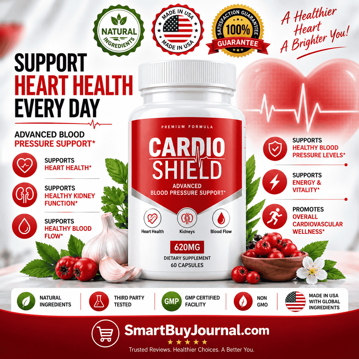 What vitamins help with heart health — a collection of heart-healthy supplements including CoQ10, magnesium, and garlic arranged on a clean background