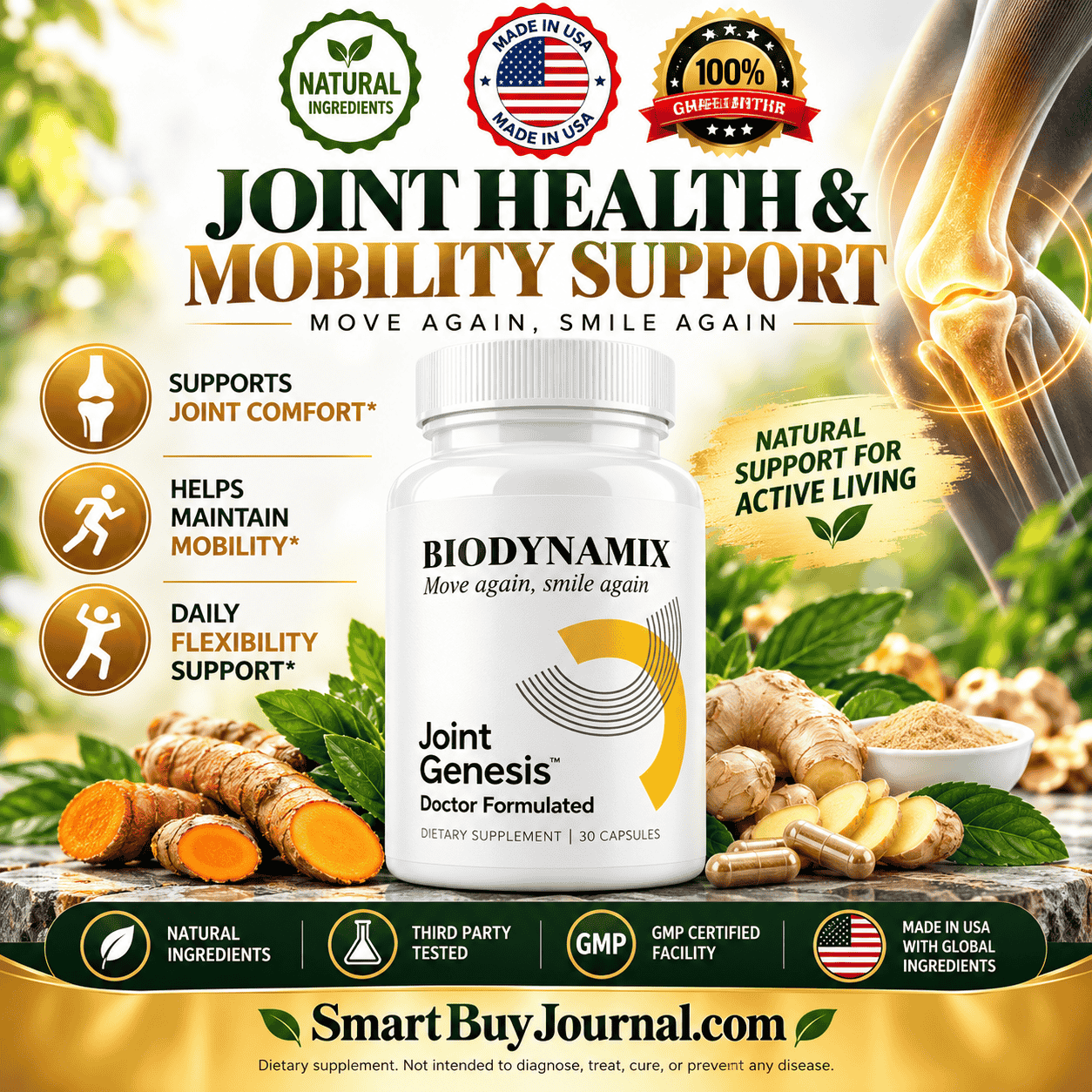 Common ingredients in the best supplements for joint health seniors, including turmeric and ginger