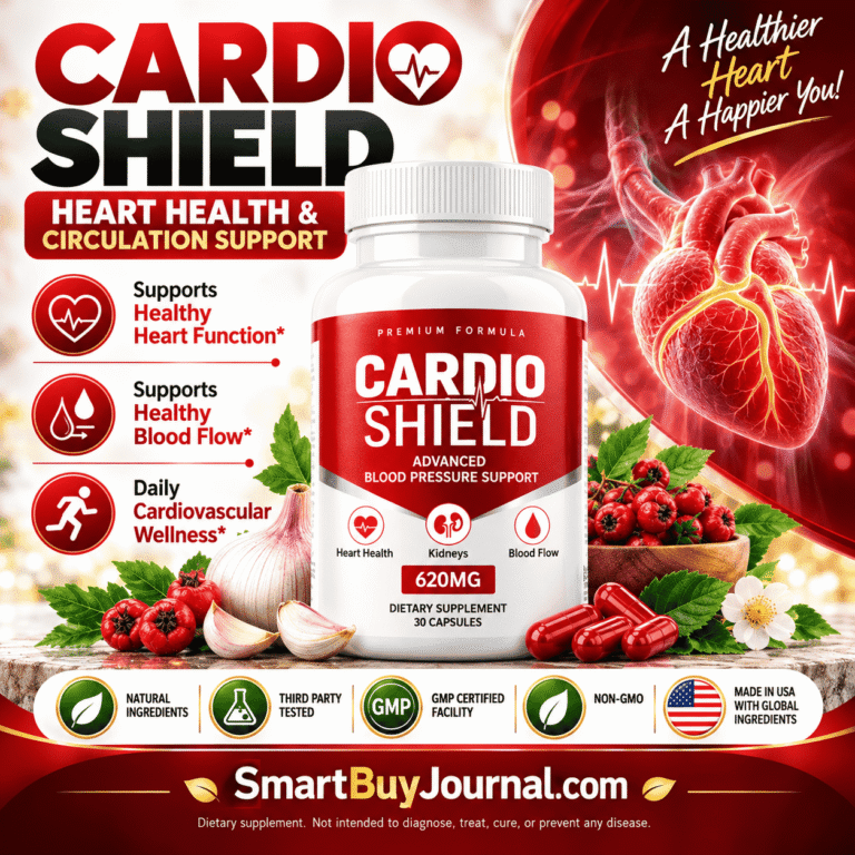 Dose for cholesterol guidance with Cardio Shield bottle, heart health chart, and healthy food