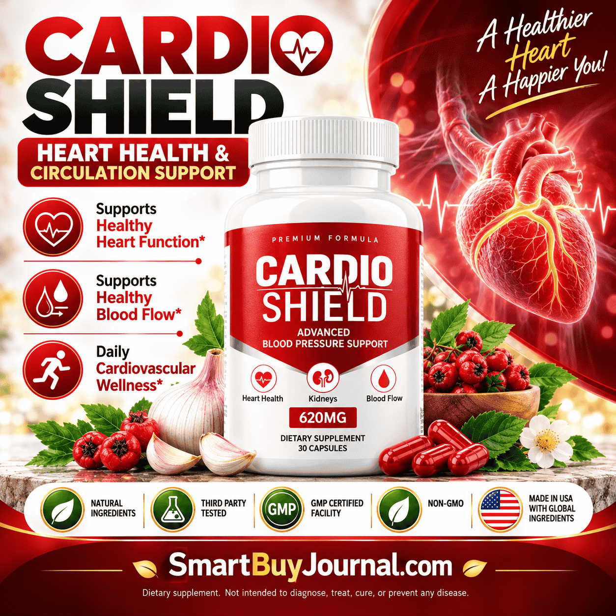Dose for cholesterol guidance with Cardio Shield bottle, heart health chart, and healthy food