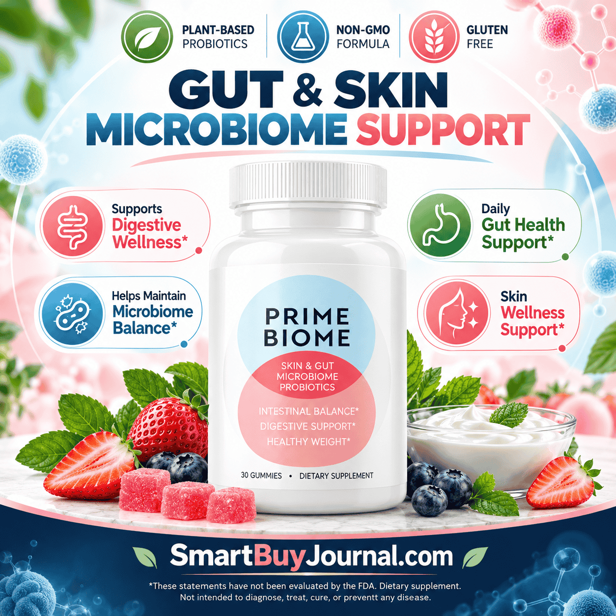 Prime Biome Gummies bottle and supplement illustration